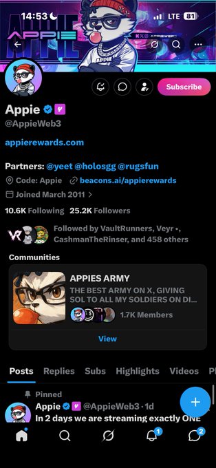A Twitter/X profile for "Appie" (@AppieWeb3) shows 25.2K followers, a "Subscribed" status, partners @yeet @holosgg @rugsfun, and a pinned post about streaming.