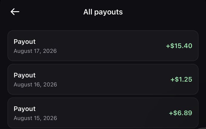 A dark-themed "All payouts" screen displays three payout entries: +$15.40 on August 17, 2026, +$1.25 on August 16, 2026, and +$6.89 on August 15, 2026, shown in green text. The earnings serve as proof of income from calls, supporting the post's claim of getting paid thanks to @Pumpfun's platform.