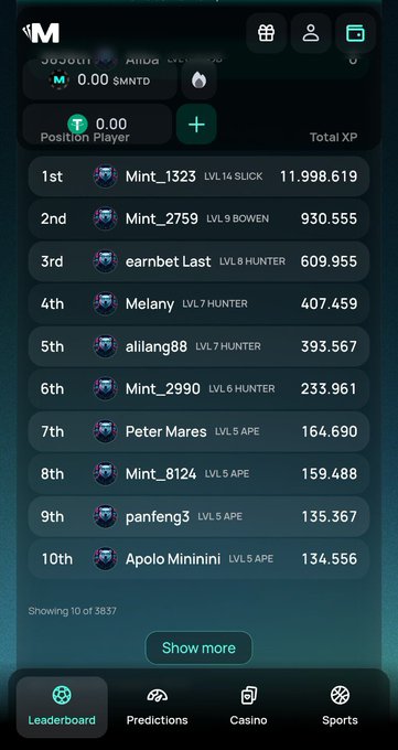 A sports betting app leaderboard showing top players with their XP points, with a wallet of 0.00 $SMTD and tabs for Leaderboard, Predictions, Casino, and Sports.