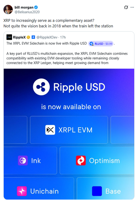 The image shows a screenshot of a social media post by Bill Morgan featuring an announcement about Ripple USDC, which is now available on their website. The post talks about the company's role as a complementary asset for liquidity and highlights that XRP will increasingly serve this purpose in the future. It also mentions that RippleX will continue working with Ripple USD to develop this aspect of the ecosystem. This information can be valuable to users who are interested in learning more about Ripple cryptocurrency and its relation to other cryptocurrencies.