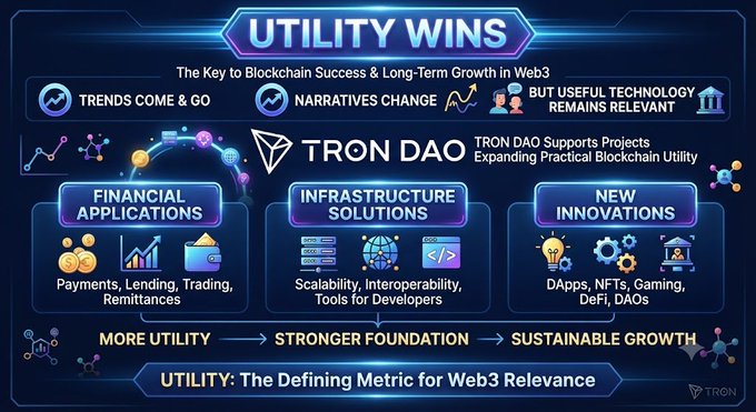 The image is a promotional infographic from TRON DAO titled "UTILITY WINS," emphasizing that practical utility is the key to blockchain success and long-term growth in Web3. It highlights three core pillars—Financial Applications (payments, lending, trading, remittances), Infrastructure Solutions (scalability, interoperability, developer tools), and New Innovations (DApps, NFTs, gaming, DeFi, DAOs)—concluding that "More Utility → Stronger Foundation → Sustainable Growth," reinforcing the accompanying post's message about TRON DAO's commitment to supporting meaningful, real-world blockchain applications over fleeting trends.