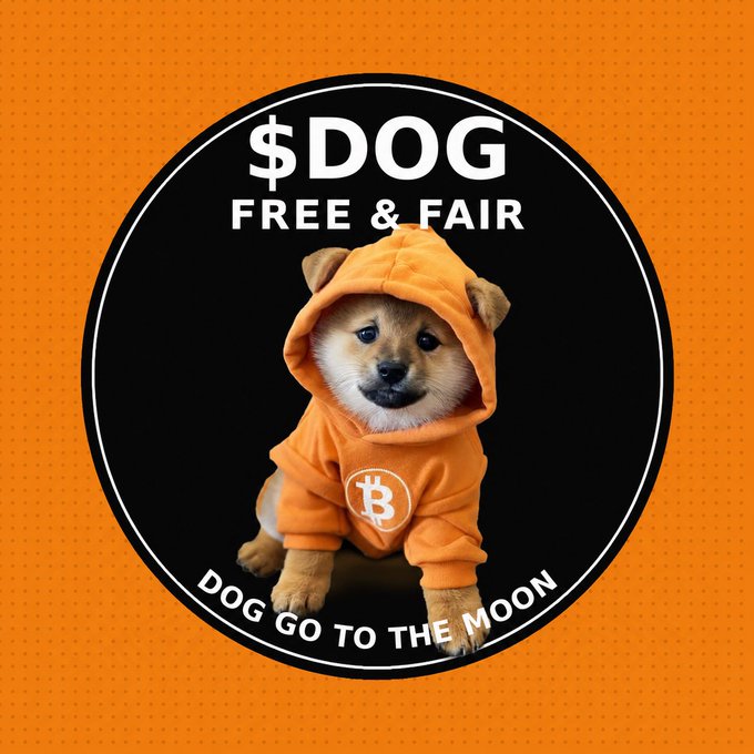 $DOG cryptocurrency logo featuring a Shiba Inu puppy in an orange Bitcoin hoodie, with text 'FREE & FAIR' and 'DOG GO TO THE MOON' on an orange dotted background.