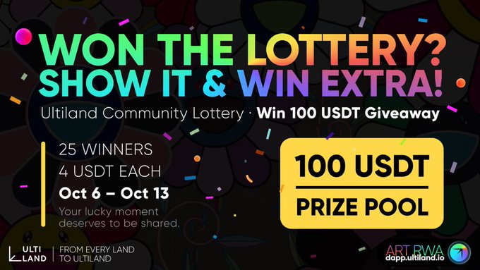 A promotional banner for the 'Ultiland Community Lottery' with the text 'WON THE LOTTERY? SHOW IT & WIN EXTRA!', offering a '100 USDT PRIZE POOL' distributed among '25 WINNERS' between 'Oct 6 – Oct 13'.