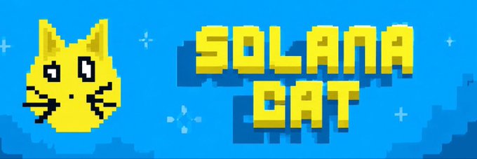 A pixel-art banner for "$SOLCAT" features a yellow cartoon cat face alongside bold yellow block lettering spelling "SOLANA CAT" on a blue background with star accents, visually reinforcing the post's mention of a Solana-native cat-themed meme project. The retro, mascot-style design aligns with the casual, meme-driven branding the post highlights as part of the token's appeal.