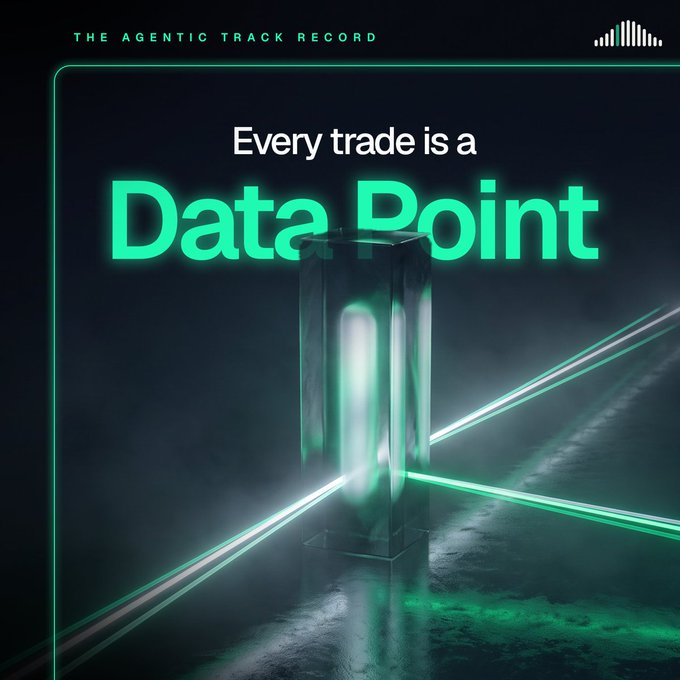 A digital graphic titled 'THE AGENTIC TRACK RECORD' with the text 'Every trade is a Data Point' displayed in glowing green letters, featuring a central illuminated glass pillar emitting green laser beams in a dark setting.