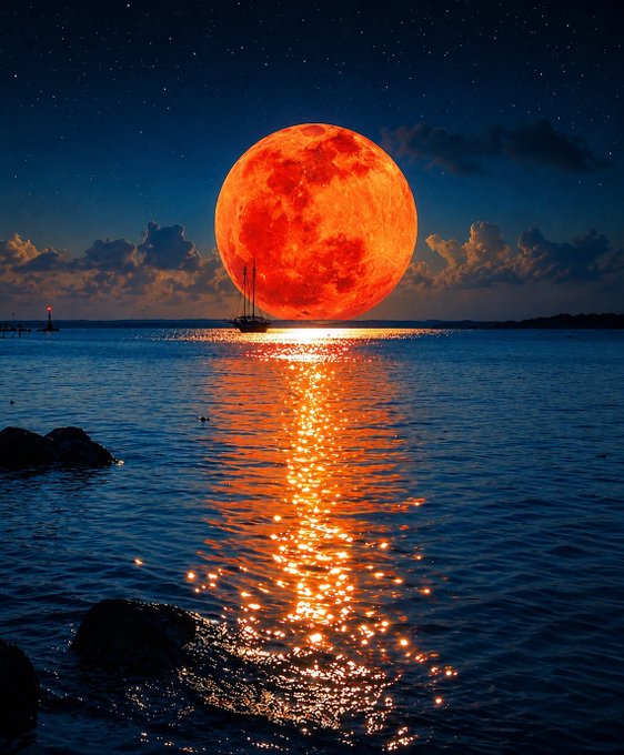 A vibrant nighttime seascape featuring a large, glowing red full moon reflecting brilliantly on the water, with a small sailboat silhouetted in the distance.