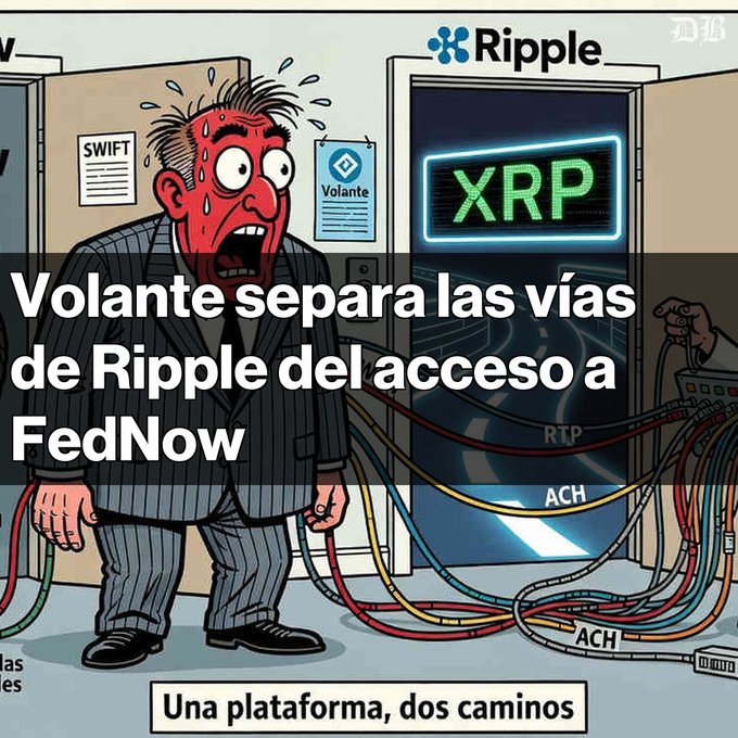 A cartoon illustration shows a sweating man labeled 'Volante' separating cables (SWIFT, ACH, RTP) from a 'Ripple XRP' server, with Spanish text reading 'Volante separa las vías de Ripple del acceso a FedNow' and 'Una plataforma, dos caminos'.