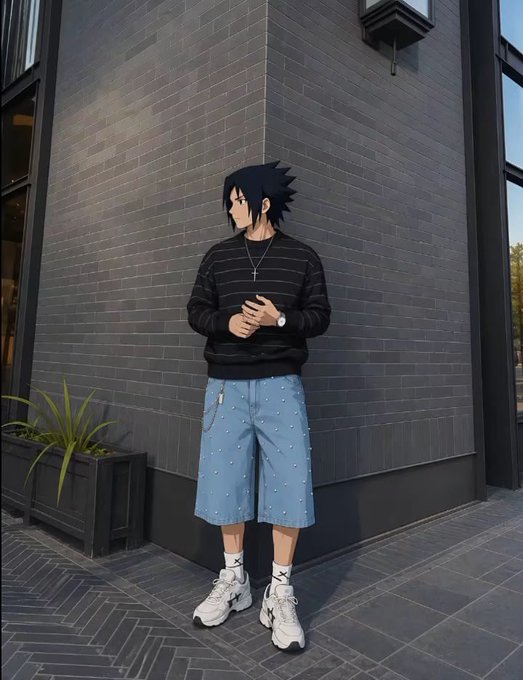 An anime-style male character with spiky black hair stands against a dark brick wall, wearing a black striped sweater, blue denim shorts, white socks, and white chunky sneakers, accessorized with a cross necklace and watch.