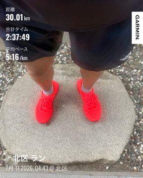 A Garmin running app screenshot showing a 30.01 km run with a time of 2:37:49 and average pace of 5:16/km, featuring a photo of red running shoes on pavement.