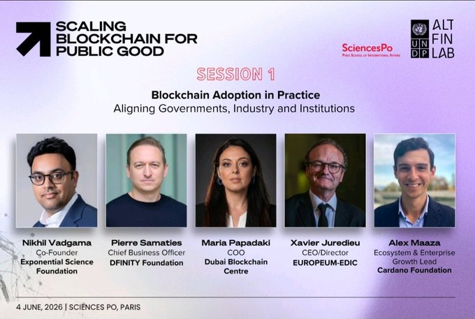 五 ADAPTIVE PICTURES OF BUSINESS LEADERSHIP AND SCIENCE EXPERTS AT THE SECTOR'S COLLECTIVE COLLABORATION ON BLOCKCHAIN FOR PUBLIC GOOD, WITH THE TOP PICTURE IN THE BOTTOM RECTANGLE.