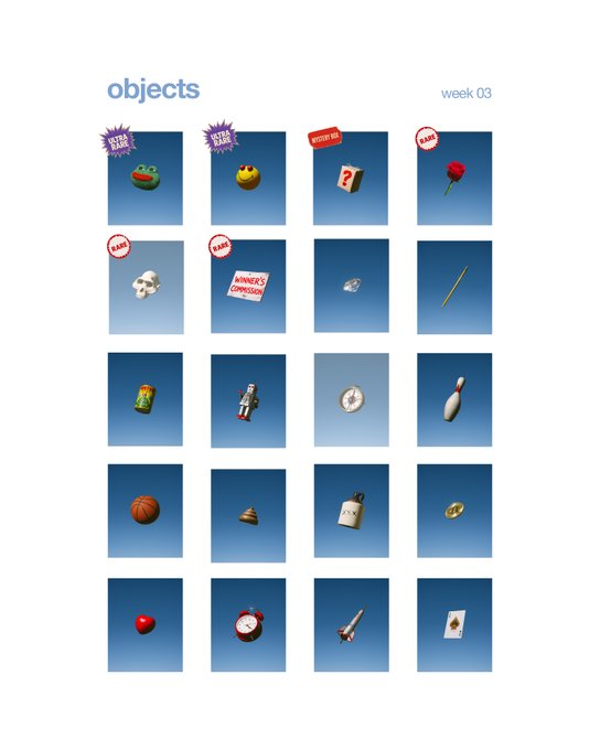 A digital catalog page titled 'objects' and labeled 'week 03', displaying a grid of twenty various 3D-rendered items including a race car, smiley face, mystery block, rose, soccer ball, compass, coins, cans, a robot figure, bowling pin, basketball, poop emoji, lighter, alarm clock, and rocket, each on a blue background with some marked as 'RARE' or 'WINNER'S COMPASSION'.
