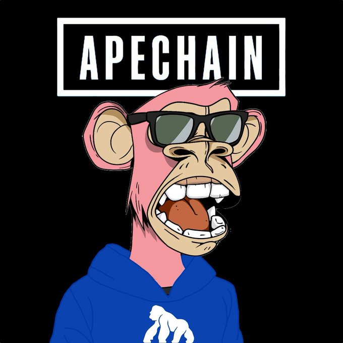 A cartoon pink monkey wearing sunglasses and a blue hoodie, with the text 'APECHAIN' displayed at the top.
