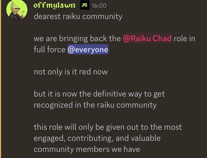 A Discord screenshot from user "offmylawn" announces the revival of the @Raiku Chad role (now in red) as an exclusive recognition for the most engaged and valuable members of the Raiku community, which aligns with the post emphasizing the need to "wakeup" true content creators, reply guys, and community leaders over superficial engagement.