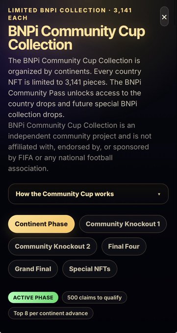The image shows a phone screen displaying information about an upcoming BNPi Community Cup Collection event. The text on the screen explains that the collection is open for everyone, and each phase of the collection has a claim associated with it. These claims are related to NFTs or virtual currency, which can be used to advance your team's position in the Grand Final. The image also shows a list of the different phases available for participation, along with their respective rewards.