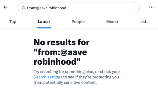 The image shows a Twitter/X search result for "from:@aave robinhood" displaying "No results," suggesting the AAVE account has made no posts mentioning Robinhood. This relates to the post questioning why AAVE has been silent about Robinhood Chain, as the search confirms there are indeed no tweets from the official AAVE account referencing Robinhood.
