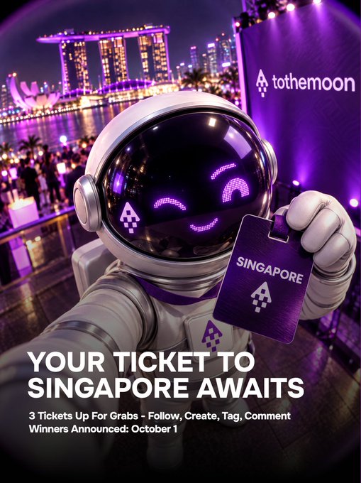 A promotional poster featuring an astronaut holding a 'SINGAPORE' ticket for 'tothemoon', with text 'YOUR TICKET TO SINGAPORE AWAITS - 3 Tickets Up For Grabs - Follow, Create, Tag, Comment - Winners Announced: October 1' set against the Singapore skyline.