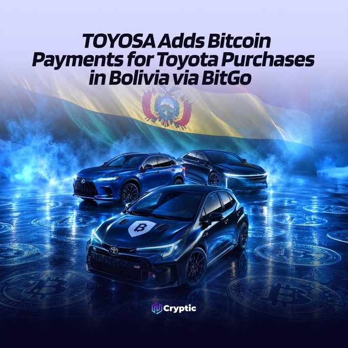 A promotional graphic announcing that TOYOSA now accepts Bitcoin payments for Toyota vehicles in Bolivia via BitGo, featuring three Toyota cars displayed on a glowing Bitcoin-themed floor with the Bolivian flag waving in the background, and branded with the "Cryptic" logo at the bottom.