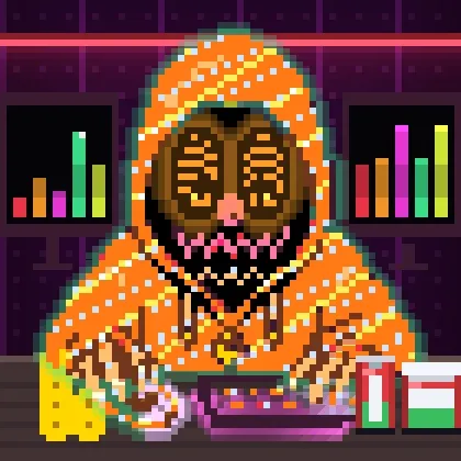 A pixel art character in an orange hooded robe with a black and gold mask sits at a trading desk with colorful bar charts on the side monitors, cheese, and a green drink.