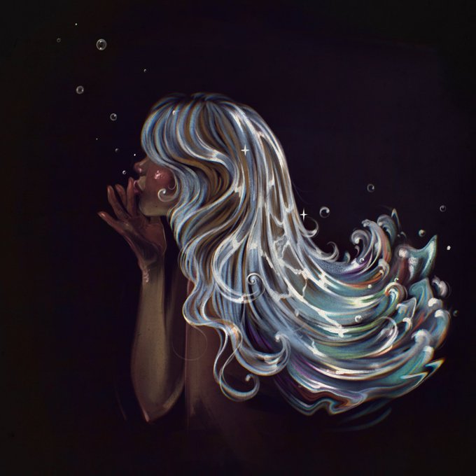 A digital painting depicts a figure in profile with flowing, ethereal hair that transforms into swirling, wave-like forms of blue, white, and brown against a dark background dotted with small bubbles.