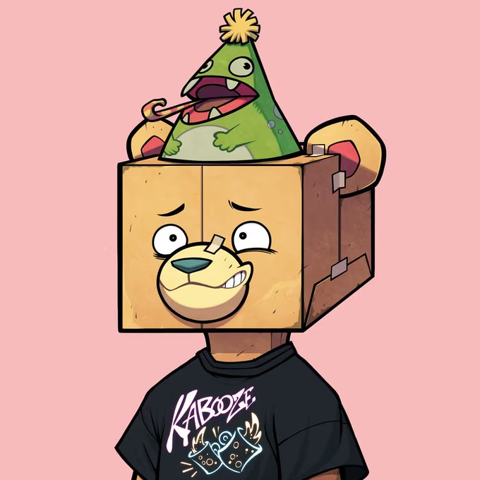 A cartoon character wearing a "KABOOZE" shirt with a bear face and party hat sits inside a cardboard box against a pink background, promoting the Kabu NFT giveaway announced in the post.