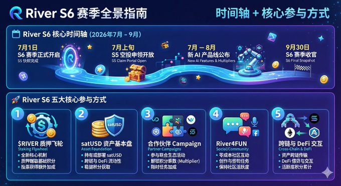 Chinese-language infographic for River S6 Season Guide, showing a timeline from July 1 to September 30, 2026, and five core participation methods including $RIVER staking, satUSD asset foundation, partner campaigns, River4FUN social community, and cross-chain DeFi interactions.