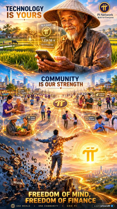 A promotional poster for Pi Network featuring an elderly man using a smartphone, the slogan 'TECHNOLOGY IS YOURS,' and the tagline 'FREEDOM OF MIND, FREEDOM OF FINANCE.'