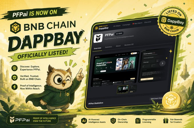 A promotional graphic announcing 'PFPai IS NOW ON BNB CHAIN DAPPBAY OFFICIALLY LISTED!' featuring a cartoon owl mascot and a tablet display of the DappBay interface.