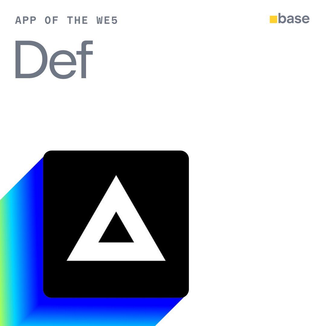 The image features a black and white square with an upward facing triangle symbol inside of it. The text "Def" is written below the triangle. The background of the image is white, and there are some words that read "@base" and "#pre-IPO markets".