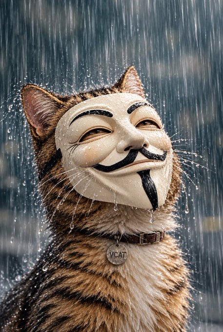 A tabby cat stands in the rain wearing a V for Vendetta mask and a collar with a tag reading 'VCAT'.