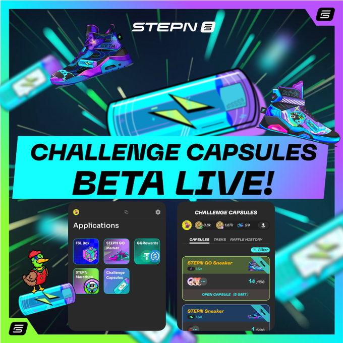 The image features a collection of apps with neon green, purple, blue, and black colors for each one. One of these apps includes information about "Challenge Capsules", which can be used as an exciting gaming experience. The app has a "beta live" section where you can try out the game before it is released to the public. The title of the post reads "チャレンジカプセルのベータテスト開始 FSL IDのサイトからアクセス可能です。対象の方はテストしてみましょう 報酬は限定靴 エントリー費用は5GMTOGとO(g)^2/f = O(log f)", which is a humorous way to describe the game's concept.