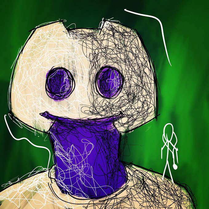 A digital sketch featuring a stylized, scribbled character with large purple eyes and a vibrant purple body against a green background, accompanied by a small stick figure to the right. The image aligns with the post's context, appearing to be the artwork referenced as a collab gift created by @mrbretjolliffe and @alinazim_b, showcased as a piece still available on objkt.com.