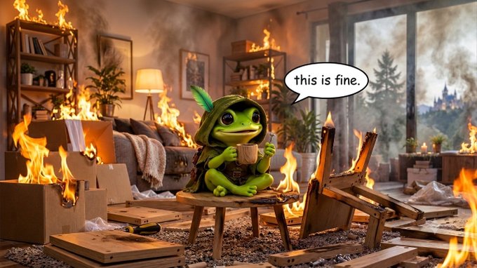 The "This is fine" meme reimagined with a goblin-like creature sitting calmly at a table drinking from a mug while its living room burns down around it, complete with a speech bubble saying "this is fine."