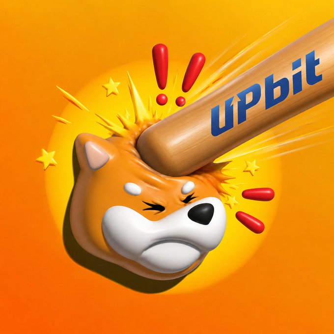 The image is a 3D cartoon illustration of a Shiba Inu dog being struck on the head by a wooden baseball bat labeled "UPbit," with dramatic impact effects (stars, red exclamation marks) conveying a hard hit, visually symbolizing Upbit's delisting blow to the BONK token.