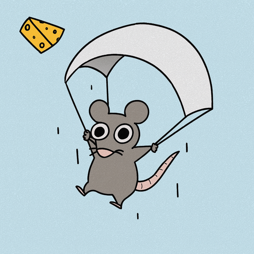 A cartoon illustration of a mouse parachuting through the sky with a piece of cheese floating nearby, set against a light blue background.