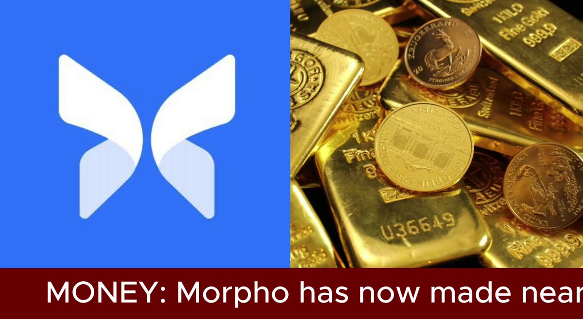 The image shows a close-up view of a pile of gold coins alongside a butterfly graphic that represents the cryptocurrency, @Morpho. The text accompanying the image reads "Money: Morpho has now made near $300M worth of fees". The caption further states that the coin's price is now at least double its initial value and that the coin has been rising since launch with an upward trend in its value.