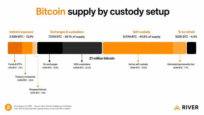 A horizontal bar chart breaks down the 21 million Bitcoin supply by custody setup as of August 10, 2025, showing self-custody holds the largest share at 45.6% (9.57M BTC), followed by exchanges & custodians at 36.1% (7.57M BTC), indirect exposure at 13.9% (2.93M BTC), and only 4.4% (932K BTC) remaining to be mined, with an estimated 7.7% permanently lost. The visualization illustrates the post's point about Bitcoin's fixed 21M cap and shrinking new supply.