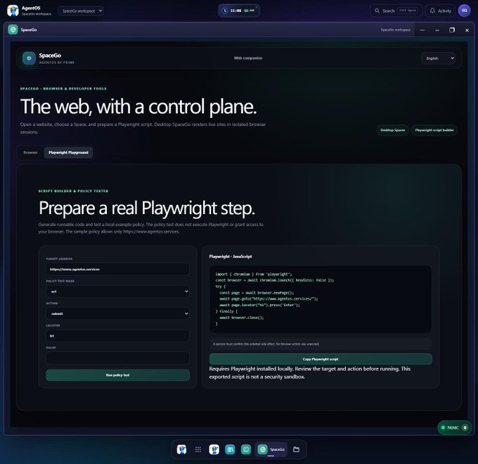 The image shows the SpaceGo web companion tool by AgentOS, featuring a policy builder interface where users can configure Playwright scripts with a target address (https://www.agentos.services), action type (submit), and location (bd) to generate JavaScript code for automated browser tasks. This relates to the post by showcasing the testing phase of AgentOS workflows, where the Playwright Playground allows users to prepare and test browser automation scripts before execution as part of the broader $sAGENT ecosystem.