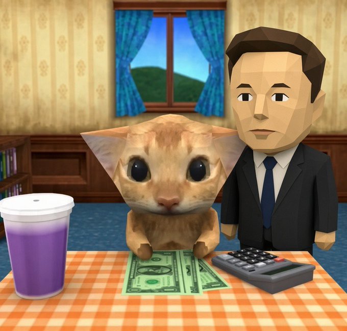 A low-poly style image shows an orange cat and a man in a suit sitting at a table with a checkered cloth, money, and a calculator.