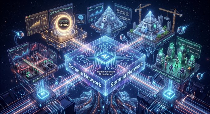 A futuristic digital illustration depicting the "Somnia Network" as a central AI cube connected to surrounding elements like perpetual DEXs, asset lock vaults, and autonomous agent hubs in a cyberpunk style.