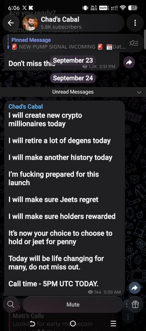 A Telegram screenshot of "Chad's Cabal" channel shows a pinned message from September 23 announcing an incoming "NEW PUMP SIGNAL" and promising to create "new crypto millionaires" at a 5PM UTC launch.