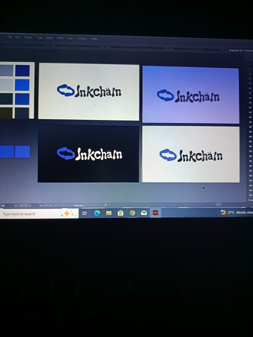The image shows a computer screen displaying four different versions of an ink chain logo, each with varying shades of blue and white colors. The logos are arranged side by side, showcasing the progress made during the design process. The text "inkchain" is visible in multiple places on the screens, indicating that the designs have been created for InkChain.