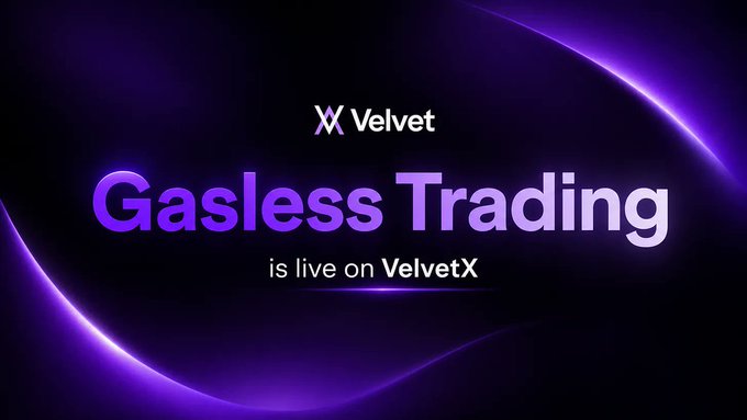 A promotional graphic with a dark purple background announces 'Gasless Trading is live on VelvetX' alongside the platform's logo.