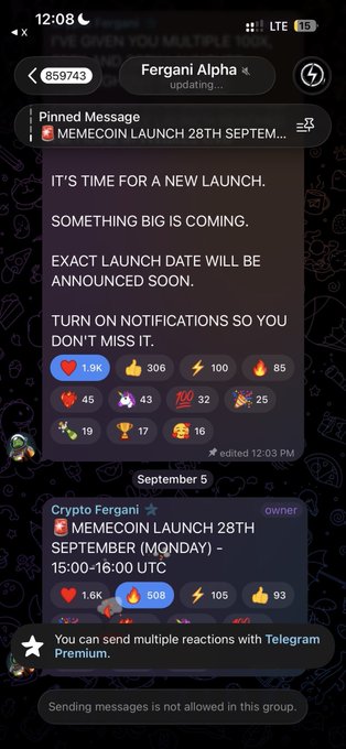 Telegram screenshots of the 'Fergani Alpha' and 'Crypto Fergani' channels announcing a 'MEMECOIN LAUNCH 28TH SEPTEMEMBER'.
