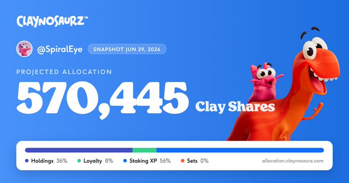 A 'CLAYNOSAURZ' allocation dashboard showing @SpiralEye with a projected allocation of 570,445 Clay Shares as of June 29, 2026, alongside an image of a red clay dinosaur character.