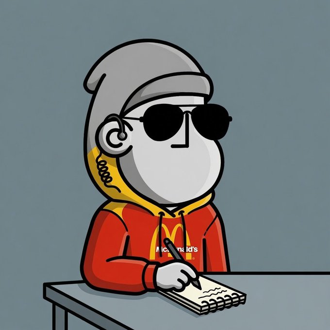 The image features a cartoon character wearing a red hoodie with the McDonald's logo and sunglasses, sitting at a desk and writing something down using a pen or pencil. The character appears to be engaged in an activity related to NFTs (Non-Fungible Tokens), as indicated by the text "NPC AGENT ALERT A notable voice from NFT culture has delivered a message that many collectors may find familiar". This character could be a collector, artist, or fan of NFTs who is using their creativity and passion for NFTs to express themselves.