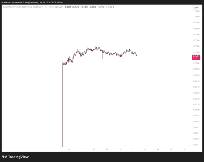 A TradingView chart shows the CASHCAT/USDT perpetual contract down 3.27% to $0.1421 after peaking near $0.21, with price action trending downward in line with the "$cashcat dump loading" post suggesting further bearish momentum ahead.