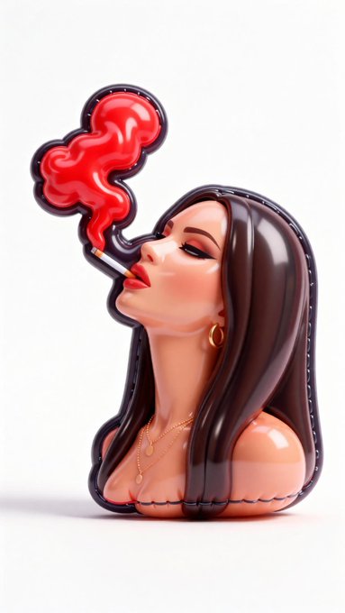 3D rendered illustration or air freshener design featuring a stylized woman with long dark hair smoking a cigarette, with bright red stylized smoke rising from it.