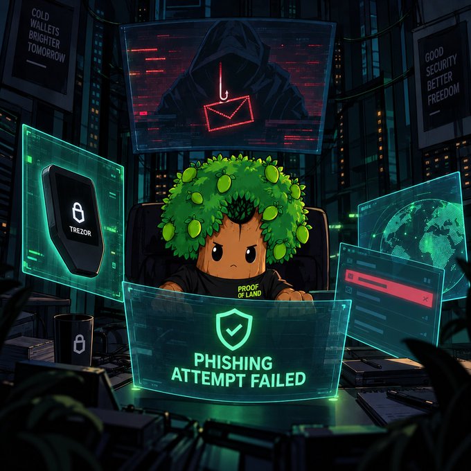 A digital illustration shows a green-haired cartoon character at a desk with a 'PHISHING ATTEMPT FAILED' hologram, a Trezor hardware wallet, a hooded hacker, and signs reading 'COLD WALLETS BRIGHTER TOMORROW' and 'GOOD SECURITY BETTER FREEDOM'.