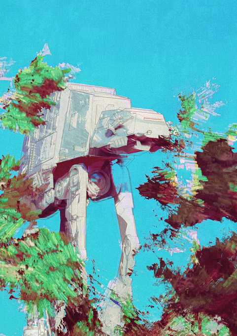 A stylized painted artwork of an AT-AT walker from Star Wars rendered in an impressionistic style with vibrant colors against a turquoise sky and colorful foliage.