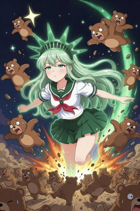 Anime-style artwork depicting a green-haired girl with a Statue of Liberty crown floating dynamically while surrounded by flying brown bears and explosions.